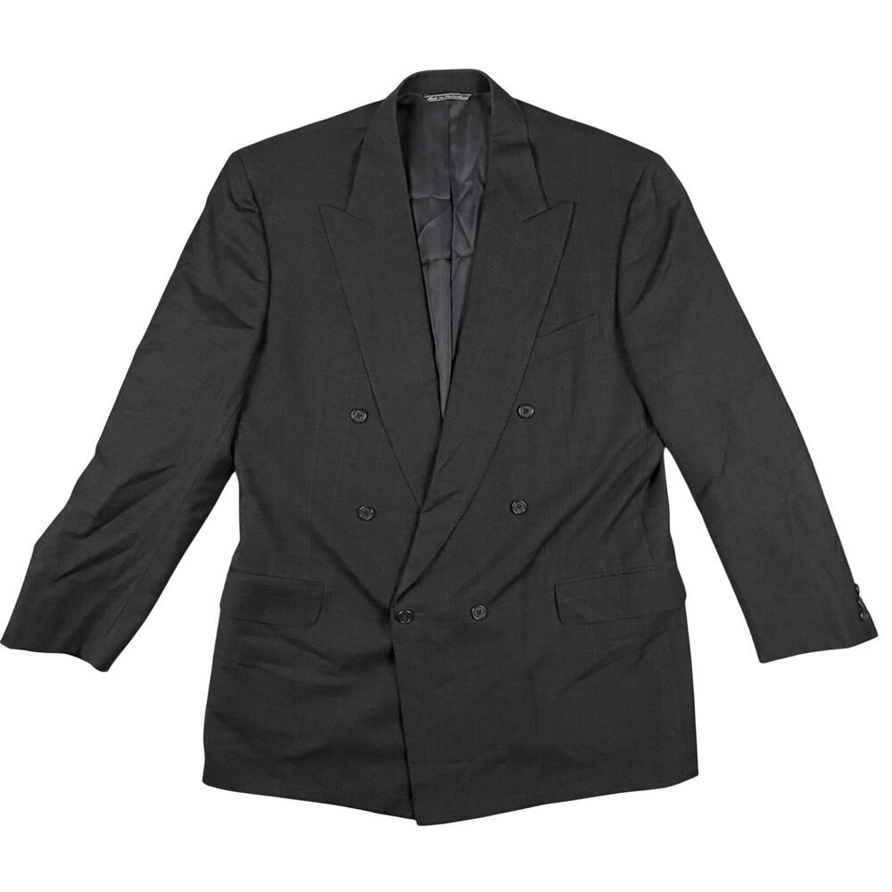 Ermenegildo Zegna 46L Blazer Black Red Windowpane Double Breasted Swiss Made VTG